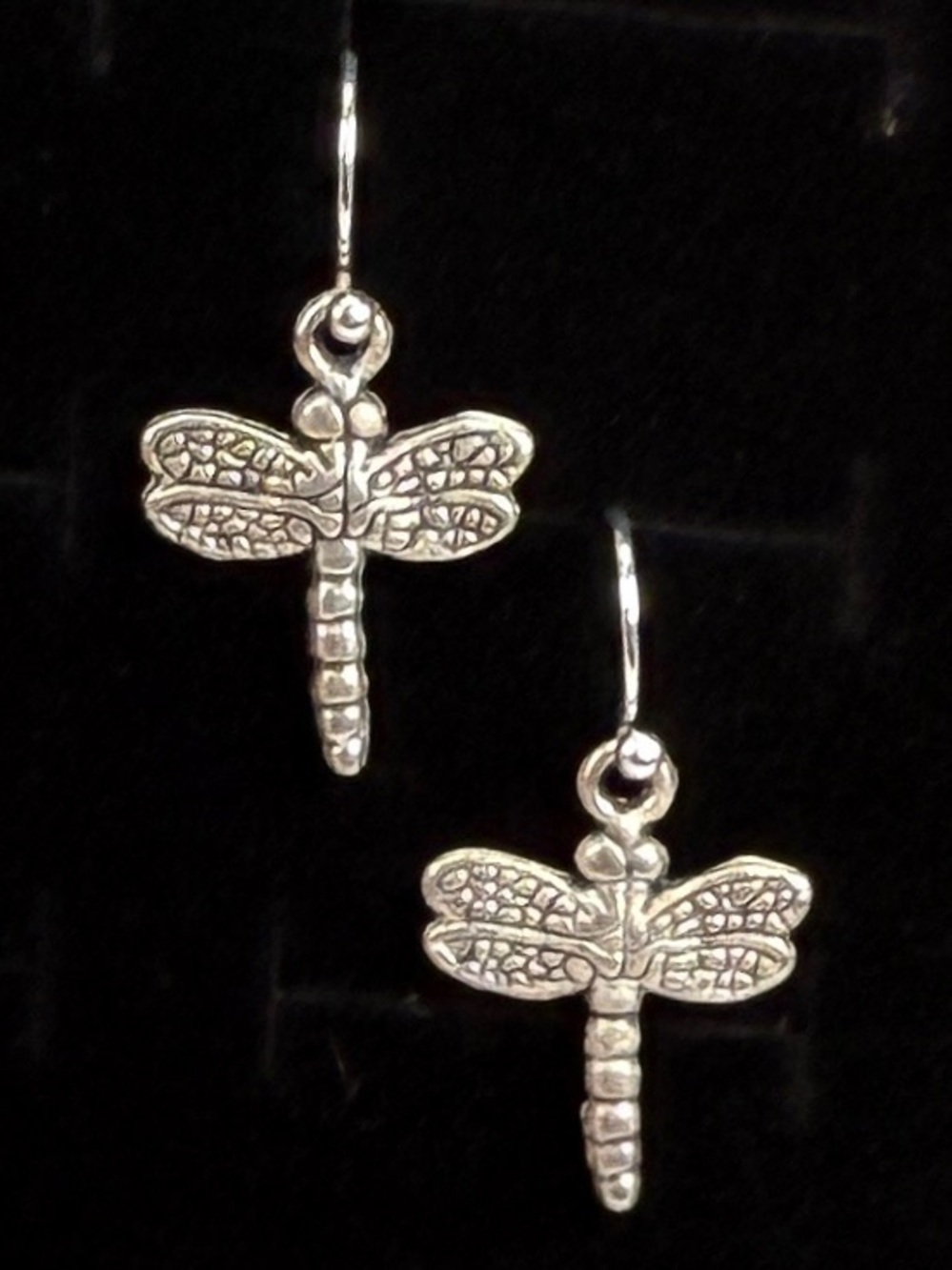 Aged Silvertone Dragonfly Pierced Dangle Earrings